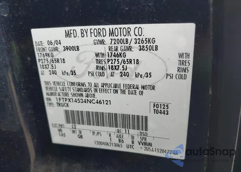 2004 Ford F-150 Fx4/Lariat/Xl/Xlt from USA, damaged, VIN 1FTPX14534NC46121